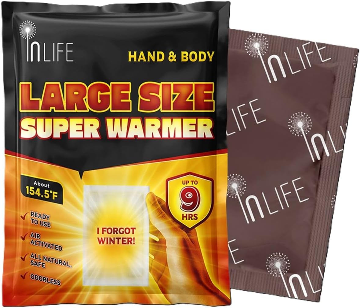 InLife Large Size Super Warmer for Hands and Body, All Natural & Safe, Bigger & Wider Area Covered, Higher Heating 145°F, Air Activated, Easy & Comfort, Steady Longer Lasting, Odorless, 40 Packs