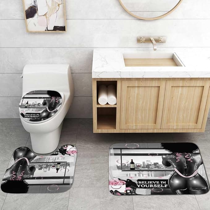 4PCS African American Black Girl Shower Curtain Sets with Rugs, Sexy Black Woman Afro Girl Black and White Modern Bathroom Decor, Non-slip Bath Mat, Motivational Inspirational Gifts for Women