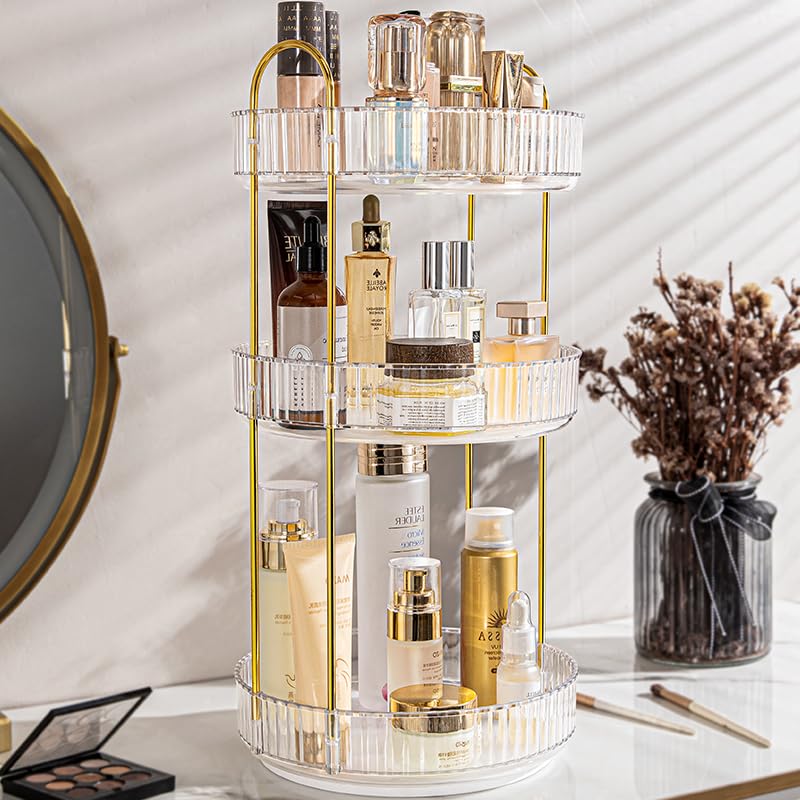 Vanity Organizer - 360 Rotating Countertop, High-Capacity Skincare & Cosmetics Organizer (3 Tiers, Clear)