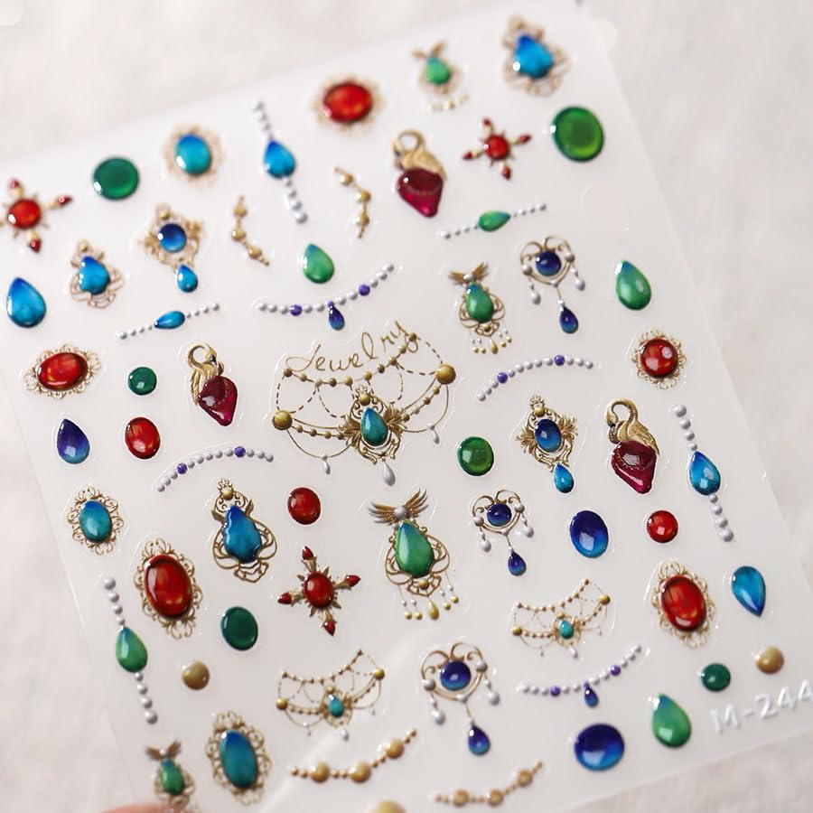 5D Embossed Nail Art Stickers Self-Adhesive Nail Stickers for Nail Art Luxury Bohemia Jewelry Nail Art Decals for Women Nail Supplies Accessories (1, Jewelry)