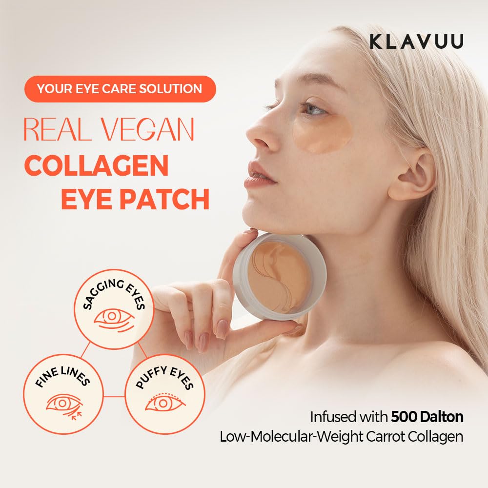 KLAVUU Real Vegan Collagen Eye Patches (60 Patches) - Korean Overnight Under Eye Mask for Puffy, Sagging Eyes, Fine Lines & Wrinkles | Elasticity Boost with Low-Molecular Carrot Collagen (500 Daltons)