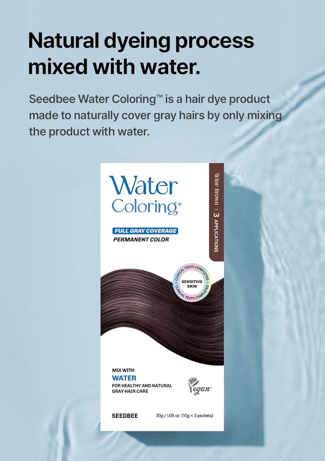 Korean Water Coloring for Gray Hair Coverage Dye, Wine Brown, 3 Packets, Quick & Natural Hair Tint, Vegan & Cruelty-Free Gray Cover, For All Hair Types, 30g (1.05 oz)