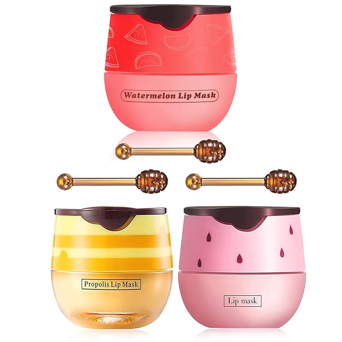 3 PCS Bee Lip Balm Honey Pot, Exfoliating Honey Strawberry Watermelon Lip Mask Overnight with Built-In Brush, Hydrating Prevention Dry and Crack Lip Scrubs Exfoliator Lip Wrinkle Care