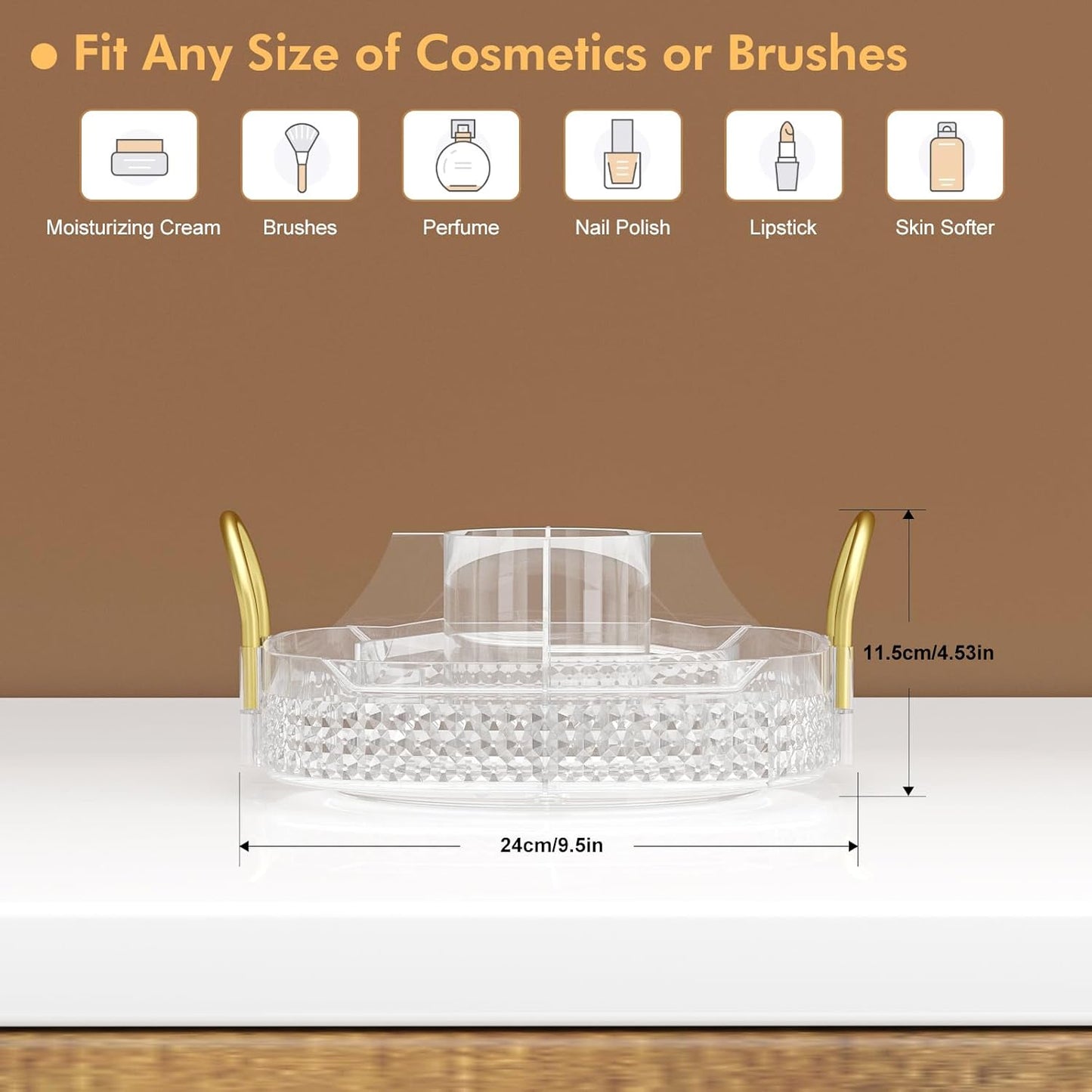 Awenia Rotating Makeup Organizer 360, Stackable Adjustable Large Capacity Cosmetic Storage Unit,Dresser Bathroom Kitchen Countertop Organizer with Metal Handle, Plus Size (Clear, 1 Tier)