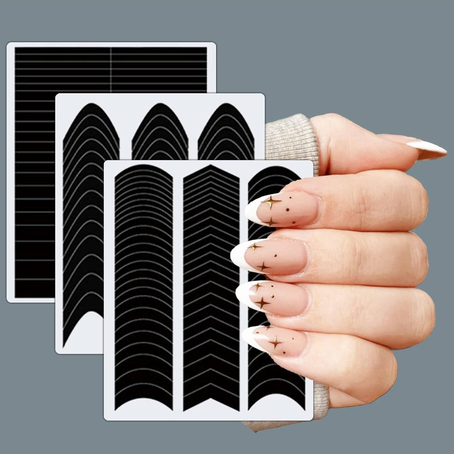 1860 Pcs French Tip Nail Guides, Self-Adhesive French V-Shaped Moon Shaped Manicure Strip Stickers for Edge Auxiliary Black DIY Decoration Stencil Tools(5 Designs, 36 Sheets)