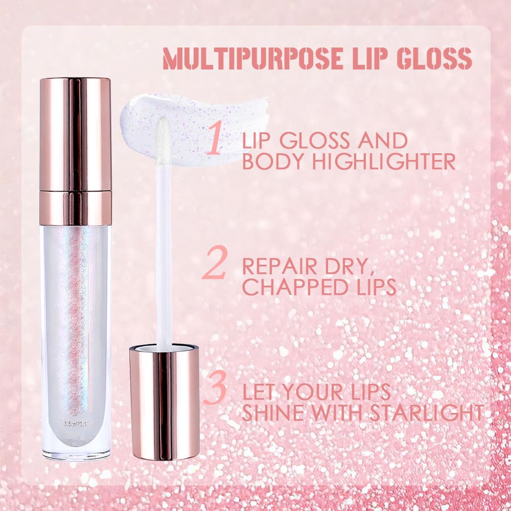 evpct 1Pcs Light Pink Pearlescent Chameleon Shimmer Glitter Lipstick Lip Gloss, Long Lasting Waterproof Glitter Metallic Sparkly Glossy Lip Gloss Tint Liquid Lipsticks Set Lip Stain Makeup for Women