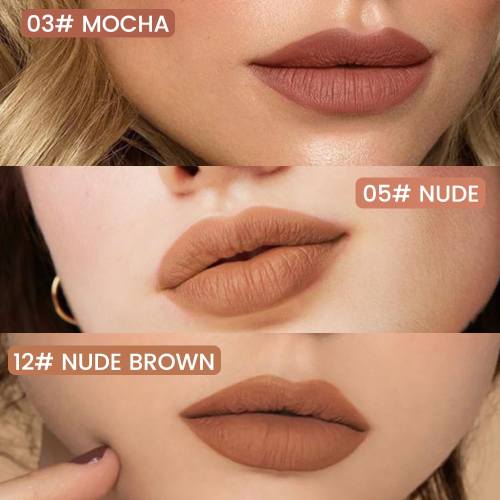 3Pcs Longwear Liquid Lip Liner Stain Marker Pen Set Long Lasting Waterproof, Mocha Light Nude Brown Matte Permanent 24 Hour Lip Liner and Lipstick Combo Color Stay Lipliner All Day Lip Stains peel off