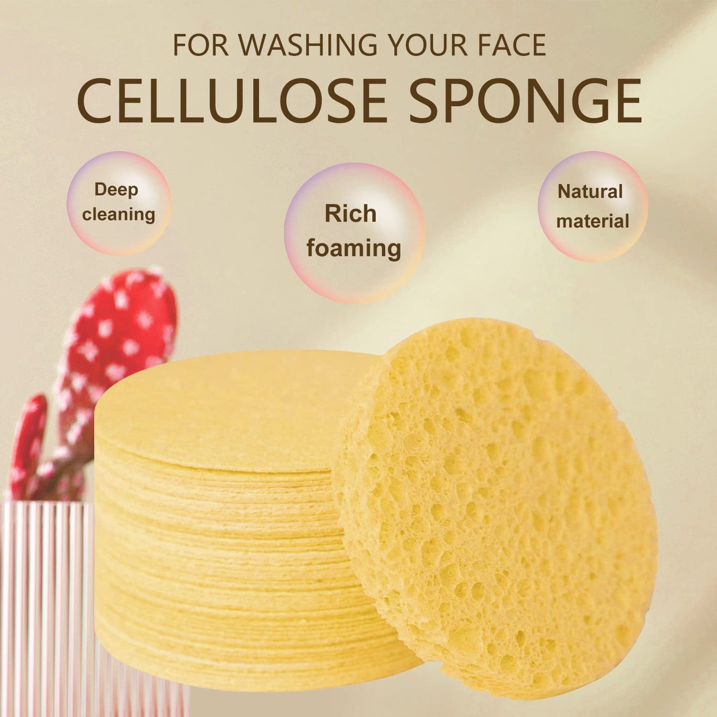 50-Count Facial Sponges Compressed Natural Cellulose Sponge Round Shape Face Sponge for Face Cleansing Exfoliating and Makeup Removal, Yellow