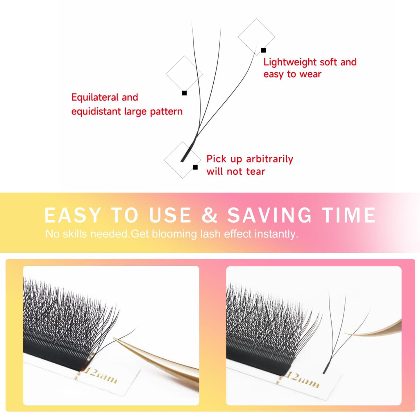W Lash Extensions Supplies 3D Eyelash Extensions W Shape 0.07mm Thickness C Curl 15mm Premade Fans Easy Fan Lashes Volume Matte Black 12 Rows Crisscross Eye Lashes(W-3D-0.07-C,15mm)