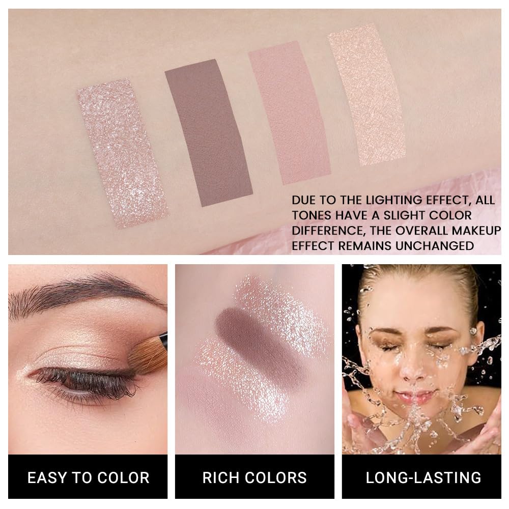 4 Colors Matte & Metallic Shimmer Eyeshadow, Velvety Creamy Formula Eye Makeup, Highly Pigmented, Blendable Nude Champagne Gold,Light&Dark Brown Eyeshadows for Women A Built-In Mirror 02#