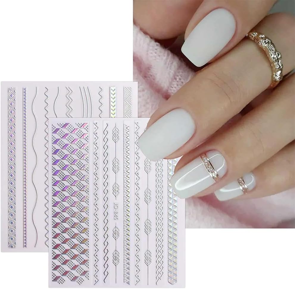 12 Sheets French Line Nail Art Stickers Aurora Star Heart Nail Decals Self-Adhesive Pegatinas Uñas Glitter Holographic Laser Silver Nail Supplies for Women Nail Art Design Decoration