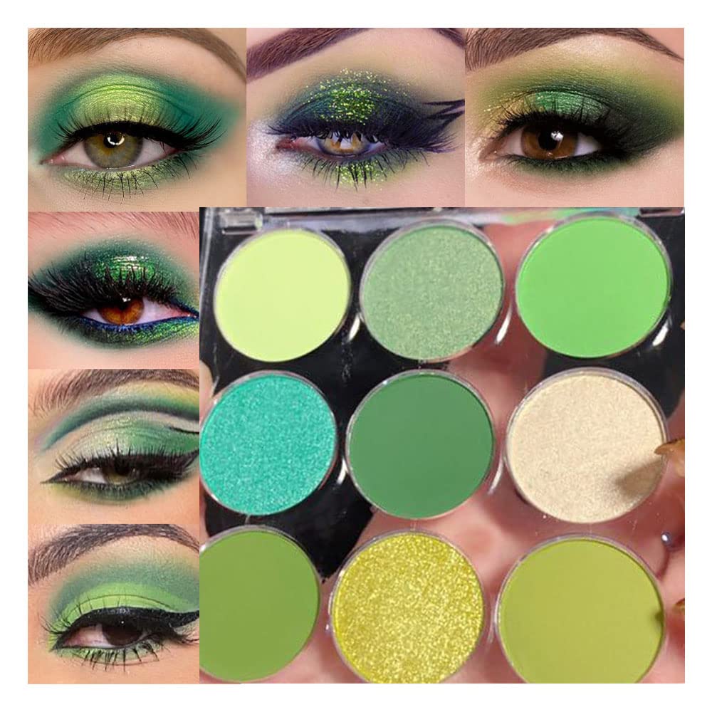 9-Color Shimmer & Matte Green Eyeshadow Palette – Highly Pigmented Light & Dark Green Shades, Blendable Shiny & Matt Makeup Powder