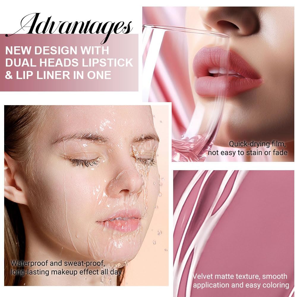 evpct 1Pcs Mauve Matte Lip Liner Stain Liquid Lipstick Makeup Set for Women, Mauve Lip Stick Liner Combo Long Lasting Waterproof Lipsticks labiales matte mate larga duracion Long Wear 24 hour Lipstick