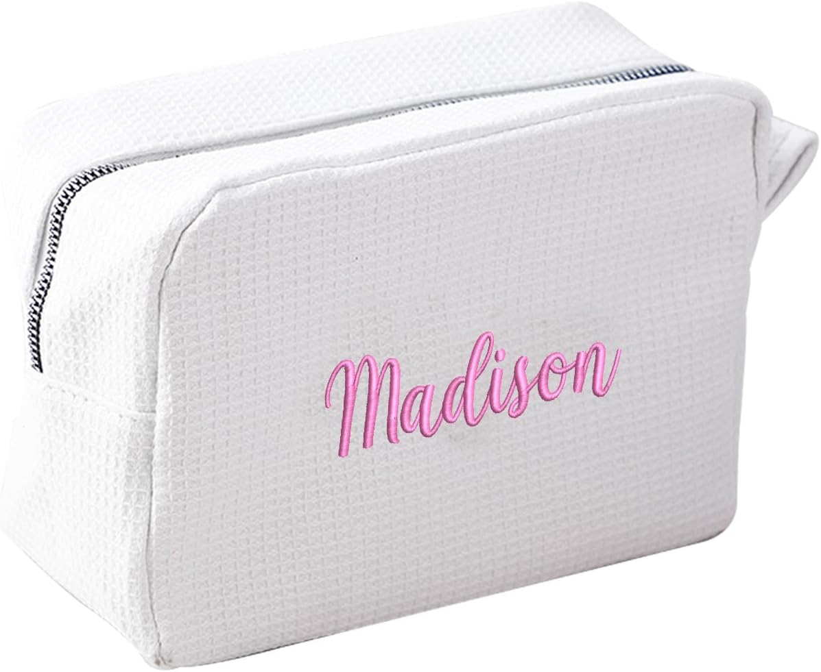 GOPHIE Personalized Embroidered Makeup Bag,Custom Waffle Fabric Cosmetic Pouch for Women, Travel Makeup Pouch (1, White)