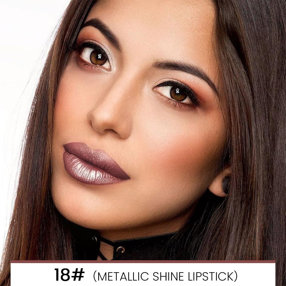 evpct 1Pcs Nude Brown Metallic Shine Shimmer Lip Liner and Lipstick Combo Set Kit for Women, Lightweight Hydrating Formula High Impact Full Coverage Lipstick and Lip Liner Makeup Gloss, 18#
