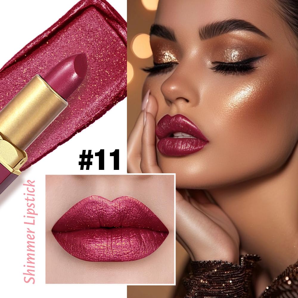 Plum Metallic Lipstick for Women,Lightweight Shimmer Frosted Lipstick,Glitter Lip Gloss Stain Long Lasting Waterproof Smudge Proof 24 Hour Full Coverage Lip Makeup,Vegan