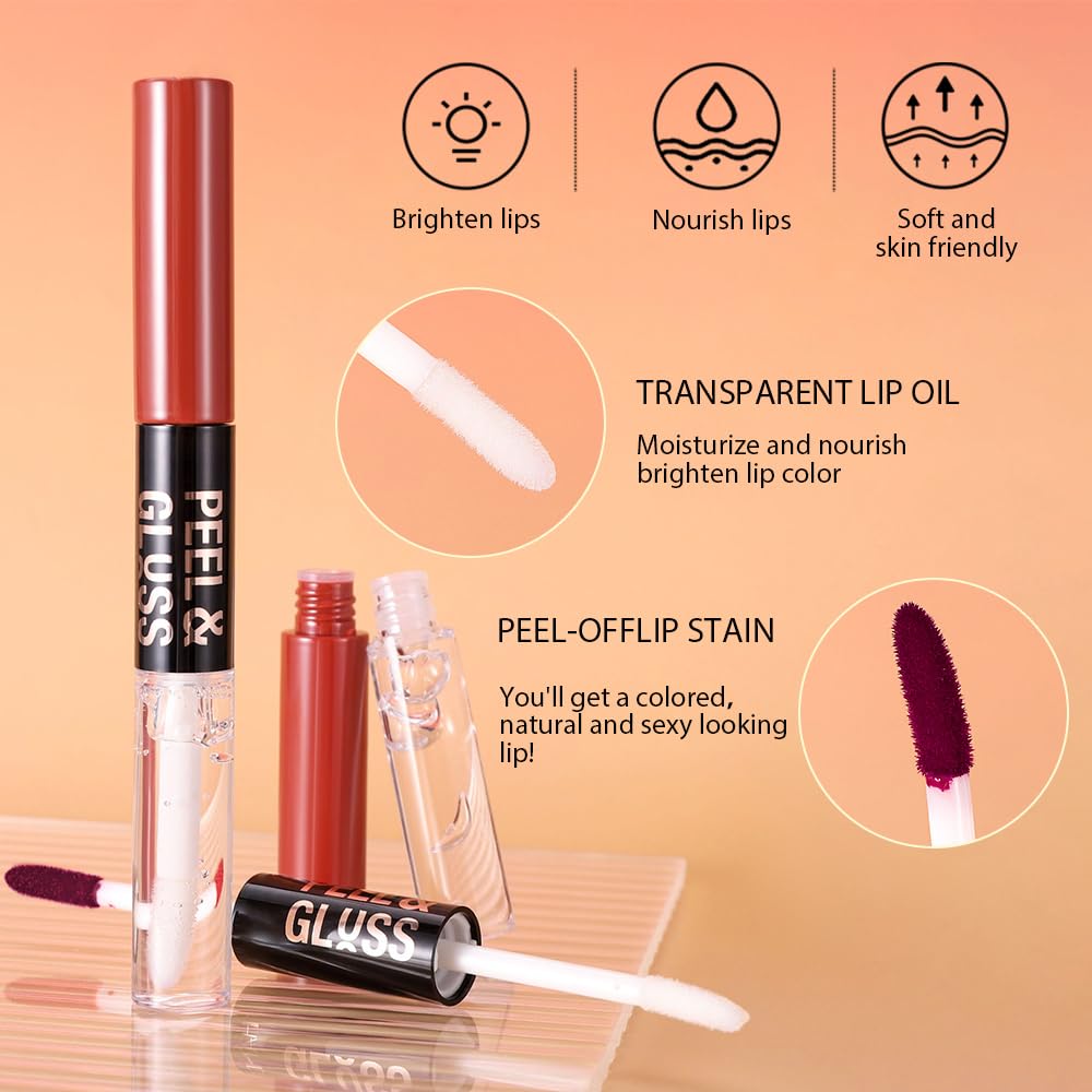 2Pcs Liquid Lip Stain Peel Off Lip liner and Lip oil with Tweezer, Dual-Ended Peel Off Lip Stain Tattoo, Highly Pigmented Long Lasting Waterproof, Transfer-proof for All Skin Types, 06#+07#