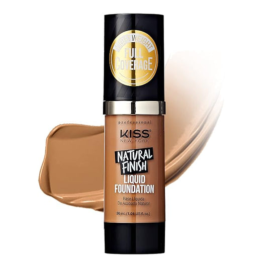 Kiss New York Professional Liquid Foundation - Lightweight and Hydrating Formula, Natural Finish, Control Shine, Cover Pores, Medium to Full Coverage, Green Tea Extract (Warm Honey)