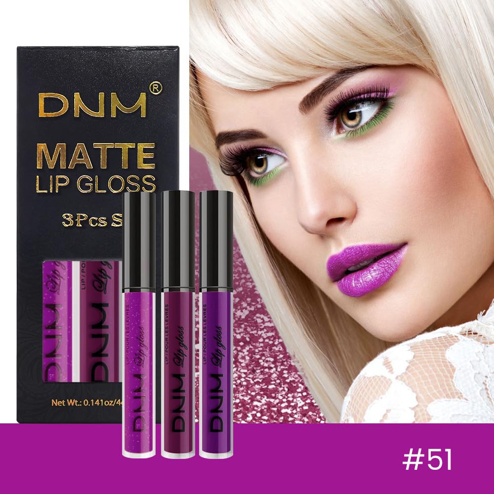 evpct 3Pcs Violet Purple Crystal Metallic Shimmer Glitter Matte Liquid Lipstick Lip Stain Sets for Women Matte+Lipstick Long Lasting Waterproof Permanent 24 Hours Magic Lipstick 24 Hours original