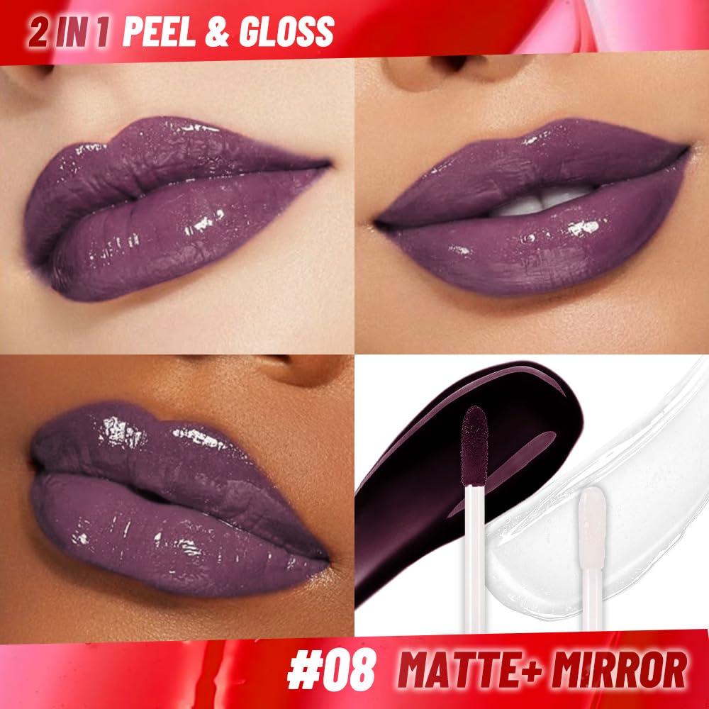 Lip Stain Peel Off Lip Gloss oil Dual-Ended Combo, Deep Berry Lips Liner Stain Peel Off Tattoo, Long Lasting & Waterproof, Transfer-Proof Lip Tint Stain with Lip oil for All Skin Type 08#