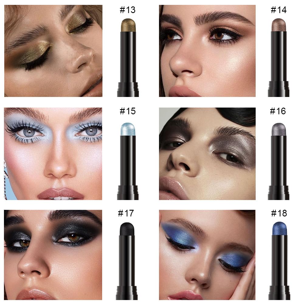 6Pcs Cream Eye Shadow Sticks Makeup for Women, Khaki Mocha Silver Grey Dark Taupe Black Royal Blue Shimmer Matte Eye Shadow Brightener Stick for Eyes, Waterproof Eyeshadow Pencil Set03