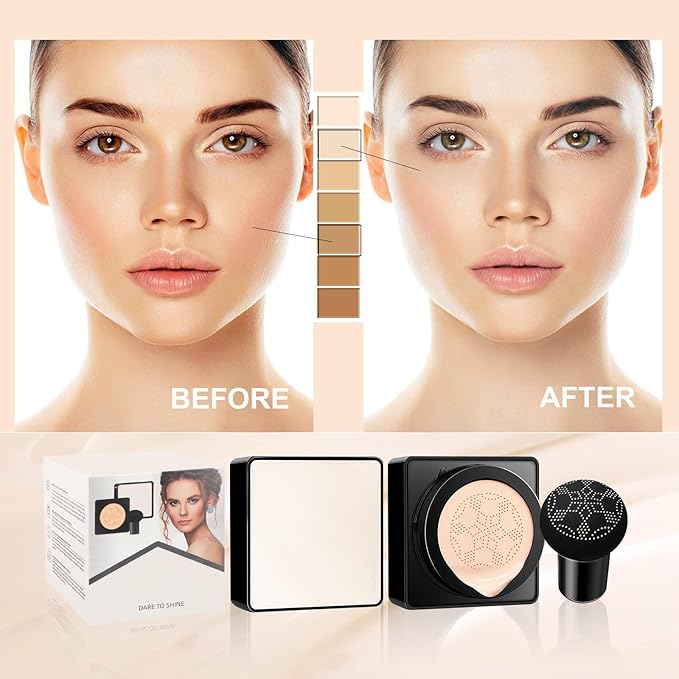 Air Cushion CC Cream Mushroom Head, Soothing Full Coverage Concealer CC Cream with Mushroom Makeup Sponge for Flawless Face Makeup (Buff Beige)