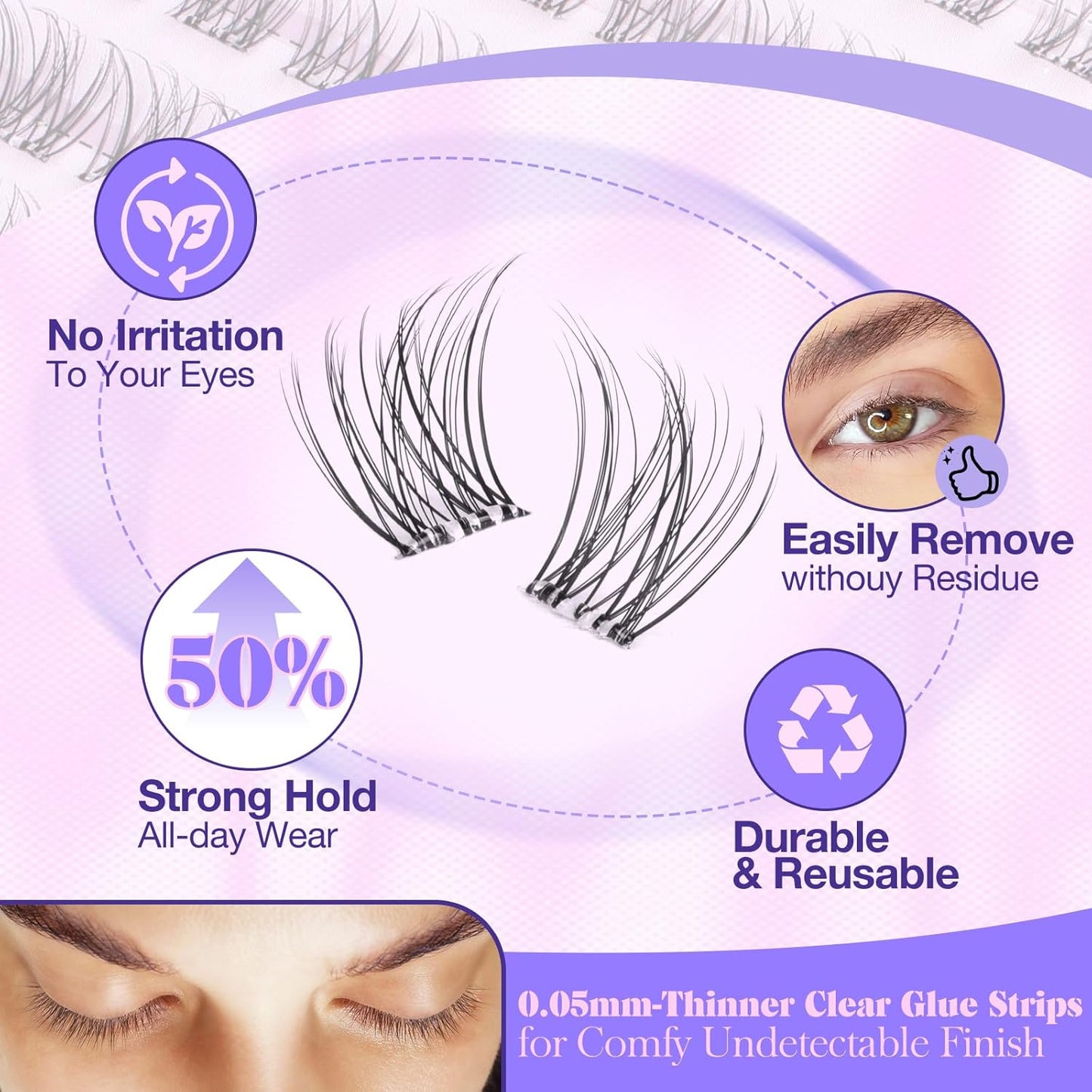 Yawamica Natural Self Adhesive Lash Clusters 10-16mm Reusable Press On Lashes No Glue Needed Eyelash Clusters Invisible Clear Band Pre Glued Cluster Lashes for Effortless Salon Eyelash Extension Look