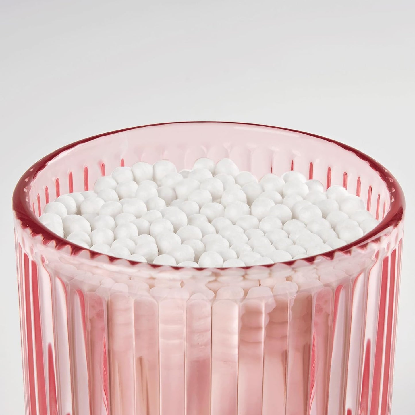 2 Pack Qtip Holders for Bathroom, Clear Glass Apothecary Jars with Lids,Vintage Bathroom Canisters for Cotton Balls,Swabs,Floss Picks,Hair Ties,Vanity Organizer and Storage Decor (Pink)