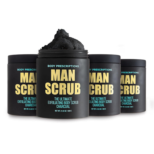 Body Prescriptions Men’s Exfoliating Body Scrub – Ultimate Skin Cleansing Wash in Jar with Twist-Top Lid, For All Skin Types, 21 Ounce (Pack of 4), Charcoal