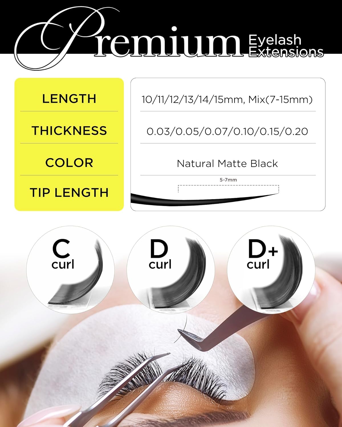 BEYELIAN Eyelash Extension Natural Matte Black 0.03-0.20 C/D/D+/L/M/LU Curl 7-15mm 100°/212°F High Temperature Resistant Classic Volume Individual lash Extensions Professional Salon Use (0.07 D 14mm)