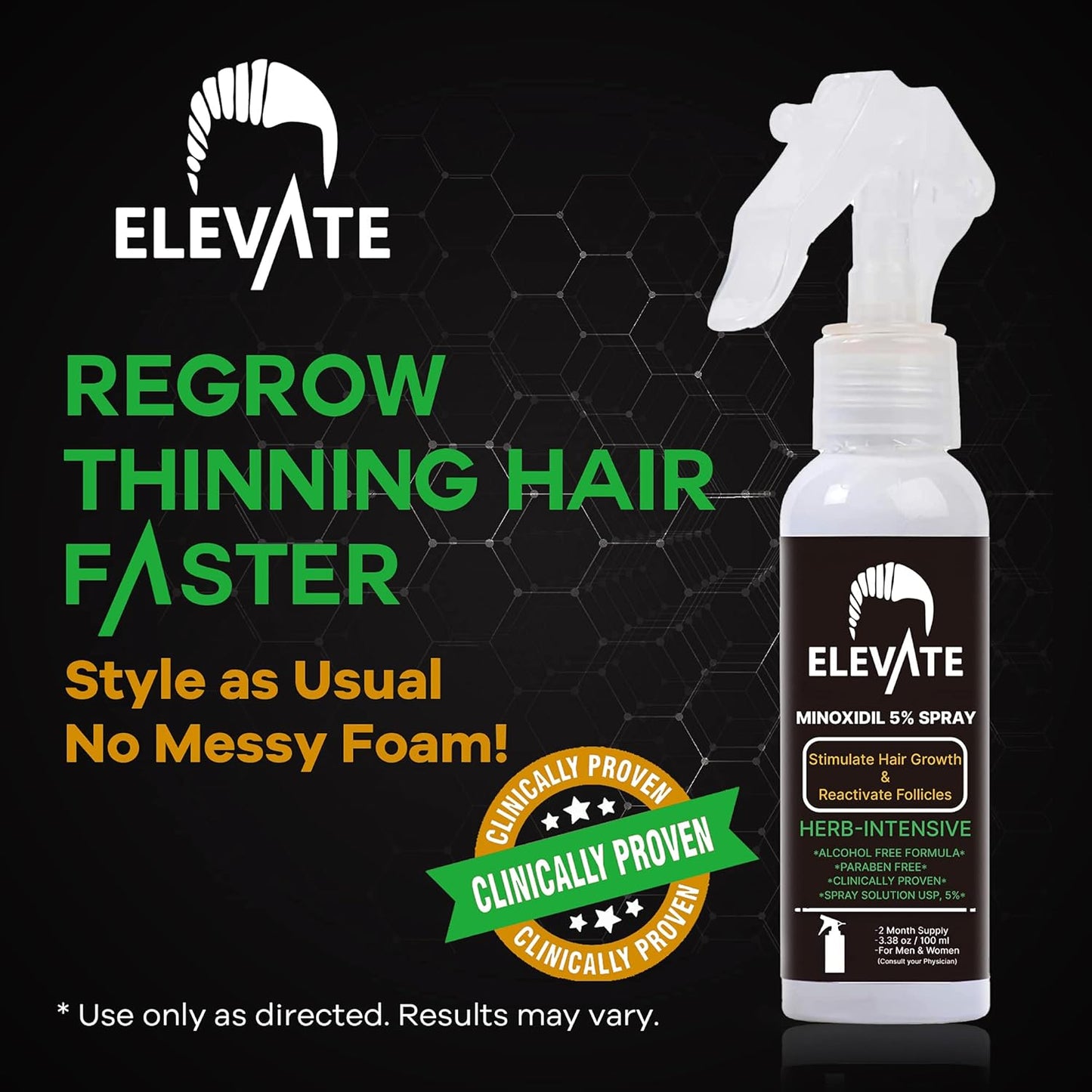 ELEVATE 5% Minoxidil Hair Growth Spray - Alcohol Free Non Oily Formula Extra Strength Professional Treatment for Hair Loss/Regrowth - Stimulate Hair Follicles for Men & Women - 1 Month Supply