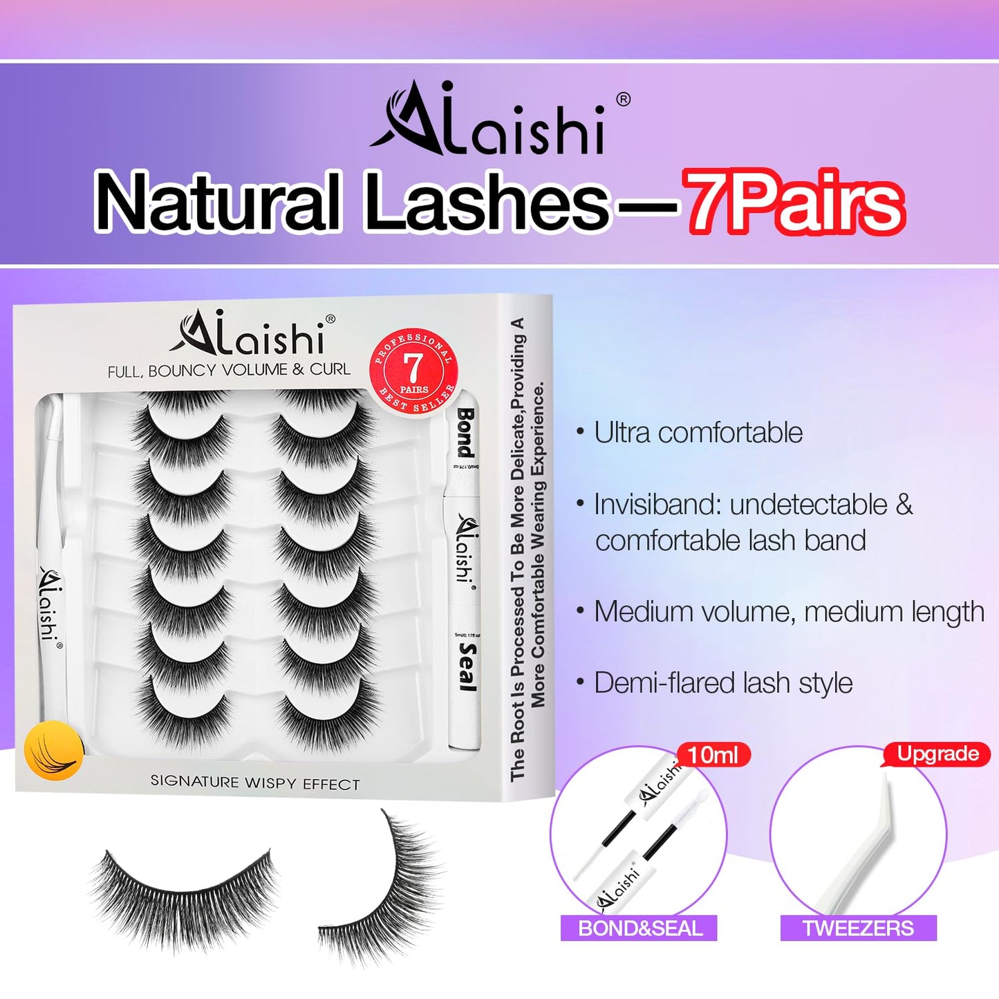 Wispy False Eyelashes Kit With Bond, Seal and Tweezer, 7 Pairs Natural Look Fake Cat Eye Lashes Strips Thin Band Extensions Waterproof Easy Eyelashes for Beginners RQ11