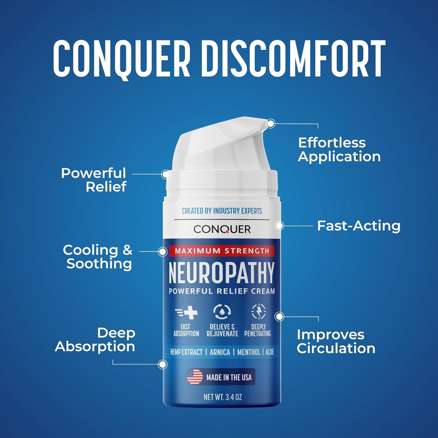 Conquer Neuropathy Cream | Fast-Acting Nerve Pain Relief for Feet and Hands | Long Lasting Cooling for Burning and Itching | Natural Ingredients Including Arnica, Menthol, Aloe Vera, Hemp