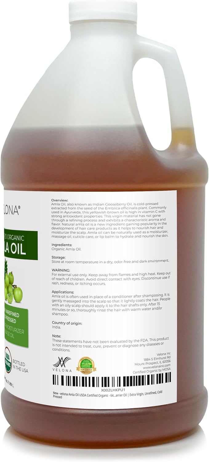 velona Amla Oil USDA Certified Organic - 64 Fl Oz | 100% Pure and Natural Carrier Oil | Extra Virgin, Unrefined, Cold Pressed
