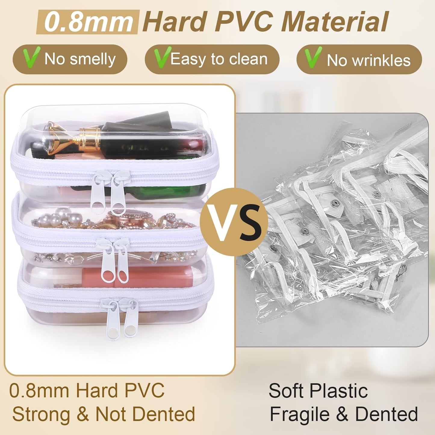 Hoolerry 3 Pcs Clear Hard Zipper Case Plastic Pouch Transparent Hard Case Clear Makeup Bag Portable Travel Organizer Bin for Cosmetics, Building Blocks, Puzzles(White,Xs)