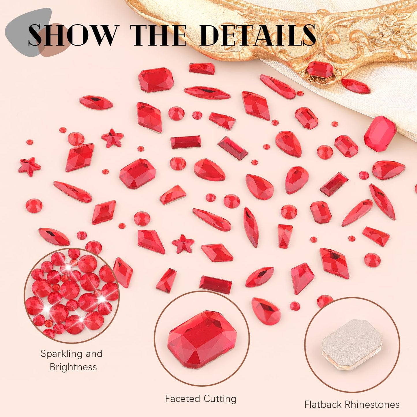 3220Pcs Red Glass Rhinestones 120Pcs Multi Shapes Flatback Gems + 3100Pcs 1.5-4mm Round Crystal With Glue Gel, Manicure Charms Diamond Gemstones for Nail Art
