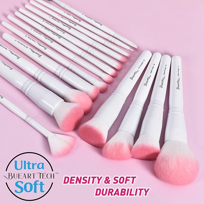Bueart Design 16Pcs ULTRA SOFT labeled Makeup Brushes set with brush Holder face brush for Foundation Powder Blending Blush wooden Handle(16Pcs White+Pink Holder)