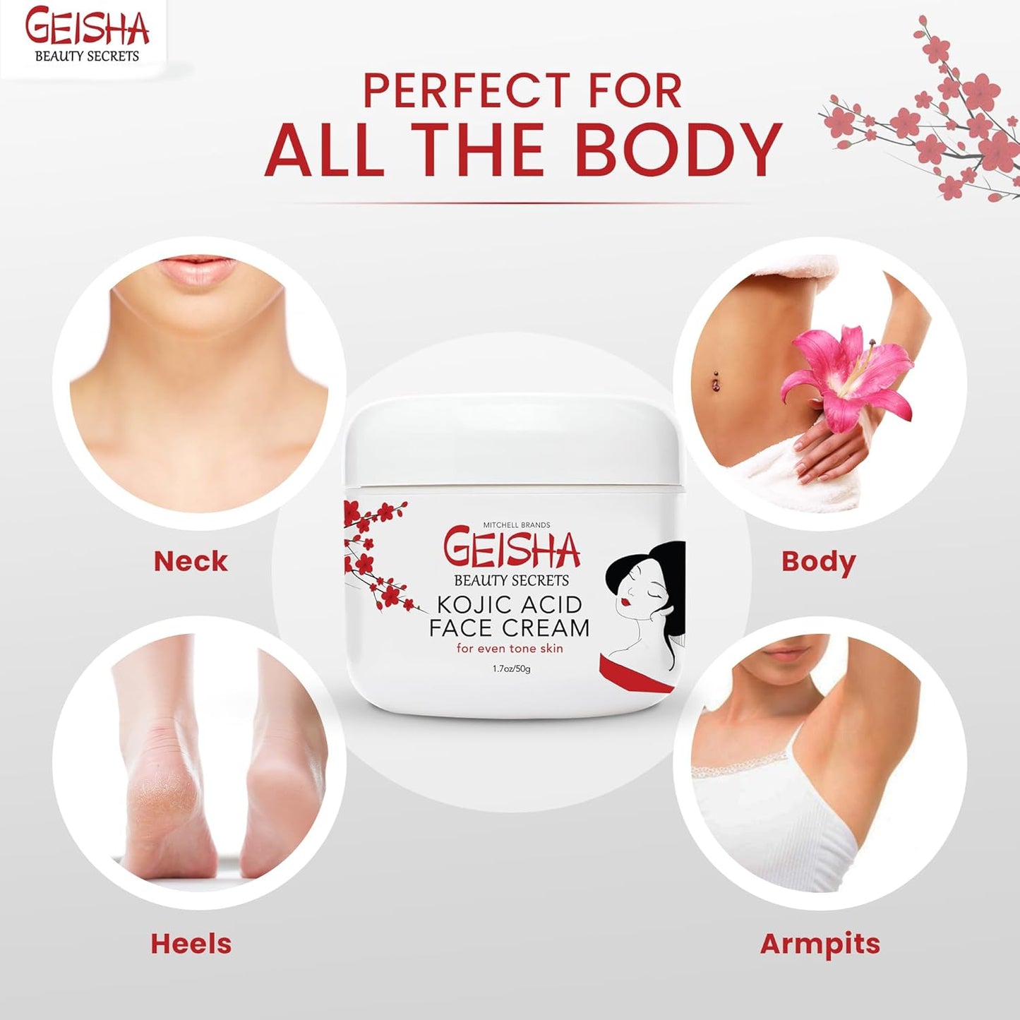 Geisha Kojic Acid Cream - 1.7 fl oz / 50 ml - Skin Brightening Cream for Face, Body, Hands - with Glycolic Acid