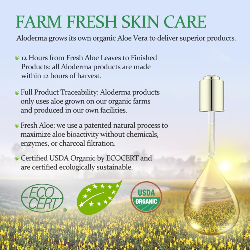 Aloderma 99% Organic Aloe Vera Gel Made within 12 Hours of Harvest - Lightweight, Non-Sticky Aloe Gel for Face Body, Hair, & Scalp, After Sun Relief, Natural, Soothing Hydrating Aloe Gel, 10.6oz