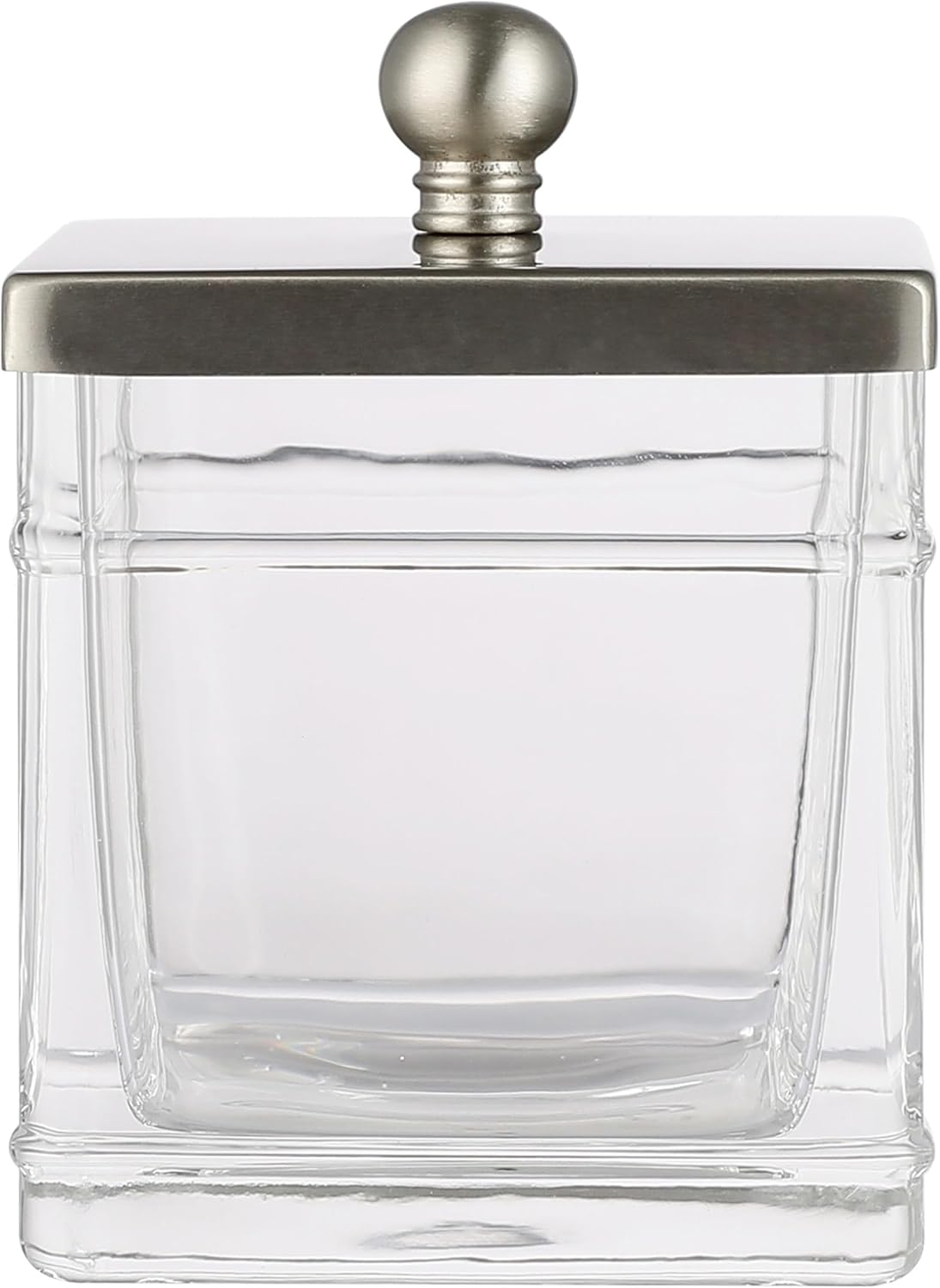 Apothecary Glass Cotton Jar Holder Brushed Nickel Stainless Steel Lid, Elegant Bathroom Storage Canister for Qtips, Cotton Balls, Floss, Makeup Organizer, Vanity Bathroom Organization