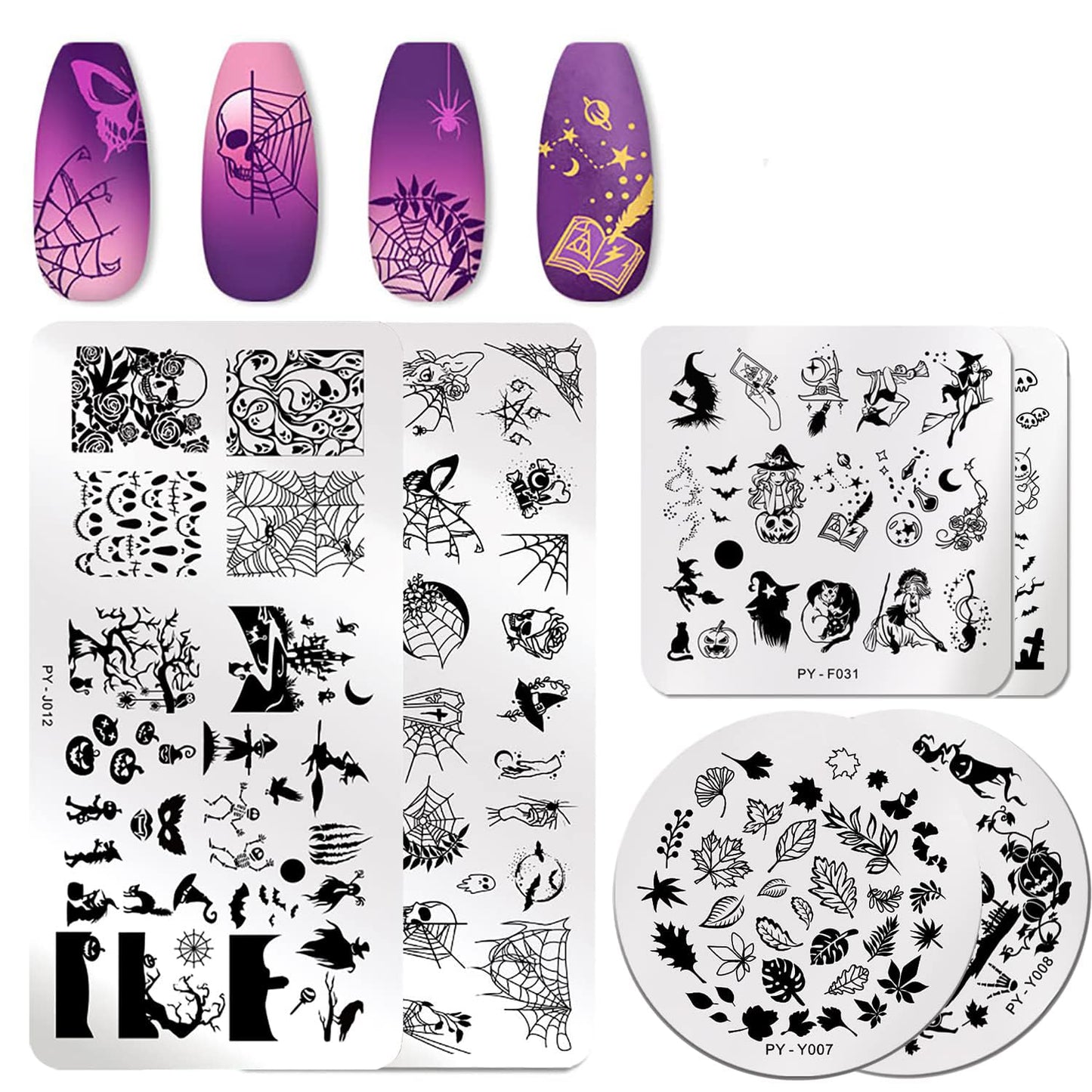 6Pcs Halloween Nail Stamping Plates Fall Maple Leaf Nail Stamper Template Kit Ghost Bat Skull Spider Web Design Nail Decorations Supplies