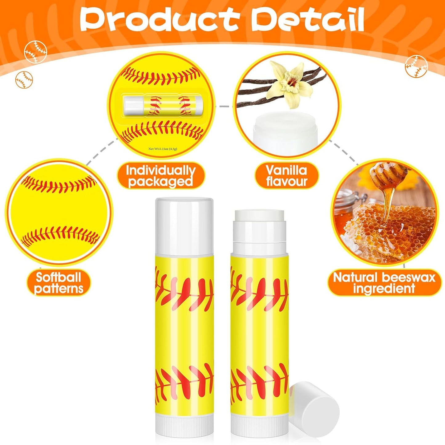 24 Pack Softball Chapstick for Softball Stadium Party Bulk Gifts,Beeswax Moisturizing Lip balm,Vanilla Flavor Plumping Lip balm for softball Team Girls kids Men Women Sports Lovers