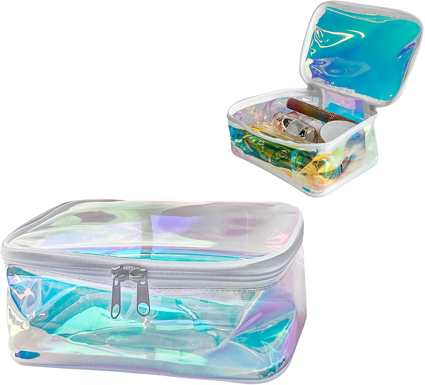 TPU Holographic Clear Makeup Bags Bulk,Clear Storage Bag Toiletry Pocket Portable Zippered Iridescent Pouch Waterproof Cosmetic travel Bags with white zipppe for Women