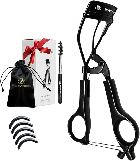 Eyelash Curler - Precision Lash Lift in Seconds with 5 Replacement Pads, Eyebrow Brush & Satin Travel Bag - Gentle & Safe, German Stainless Steel for Perfect Extra Curls - Gift (Black)