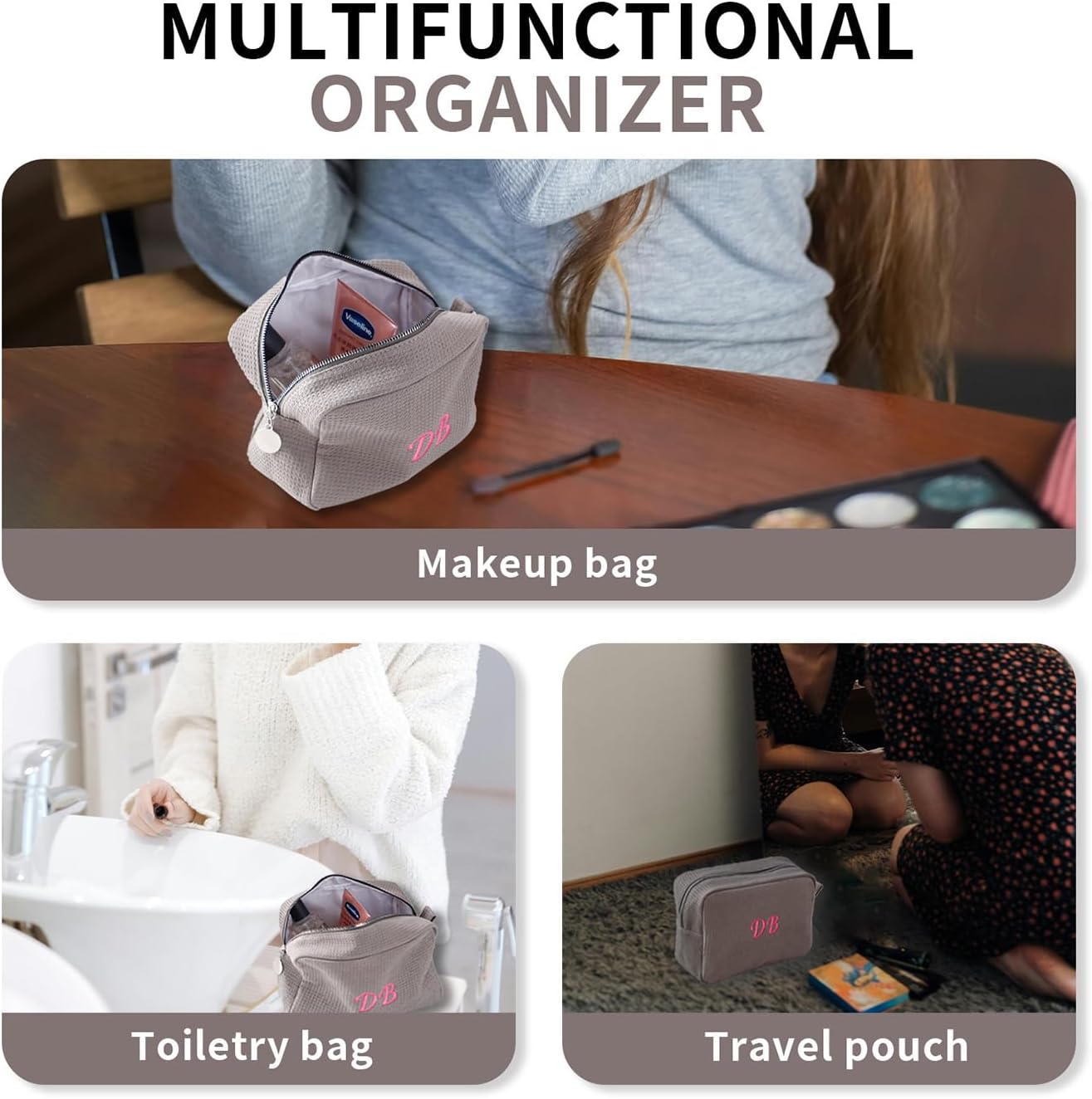 Personalized Embroidered Makeup Bag,Custom Waffle Fabric Cosmetic Pouch for Women, Travel Makeup Pouch (6, Gray)