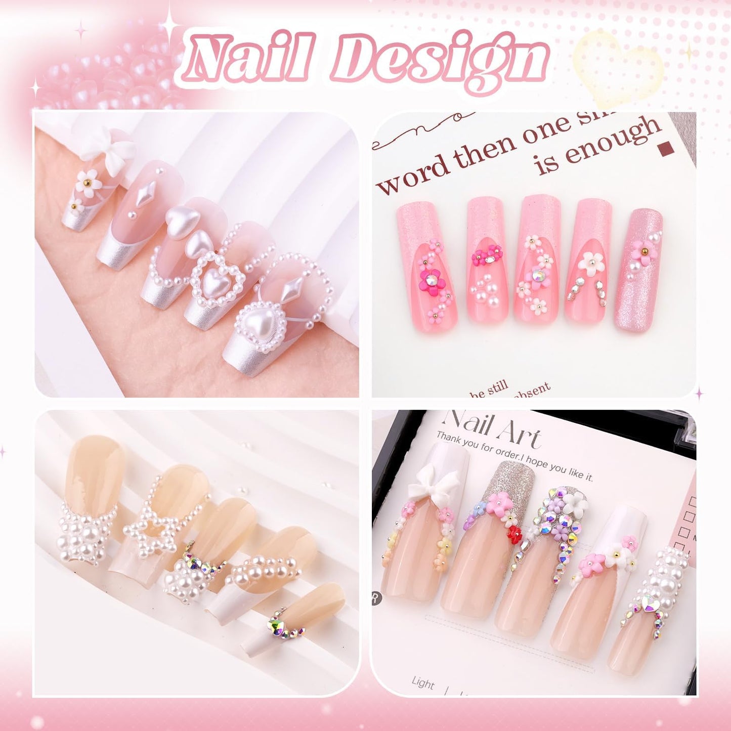Flatback Pearls and 3D Flowers with Rhinestones Glue Gel for Nail Art, Pearl and Flower Nail Charms with Mini Round Caviar Beads
