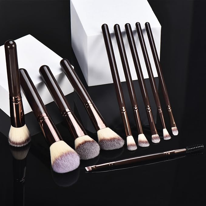 10 Piece Black brown Makeup Brushes and 10 Piece Makeup Sponge – Wooden Handle,with Soft Synthetic Bristles,|Professional Makeup Brushes set for Women & Girls|
