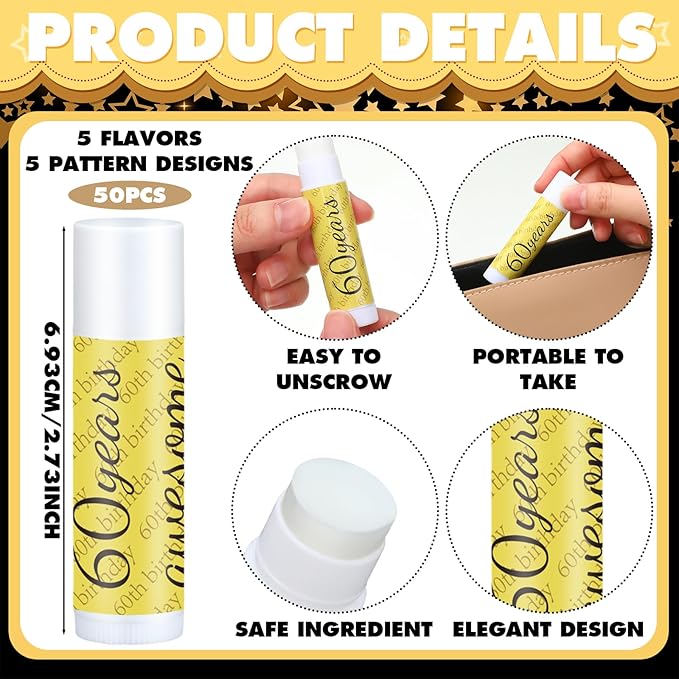 50 Sets 60th Birthday Favors Lip Balm Gifts Bulk Moisturizing Lip Balm with 50 Organza Drawstring Gift Bag 50 Tags 60th Birthday Party Supplies Gifts Bulk for Men and Woman
