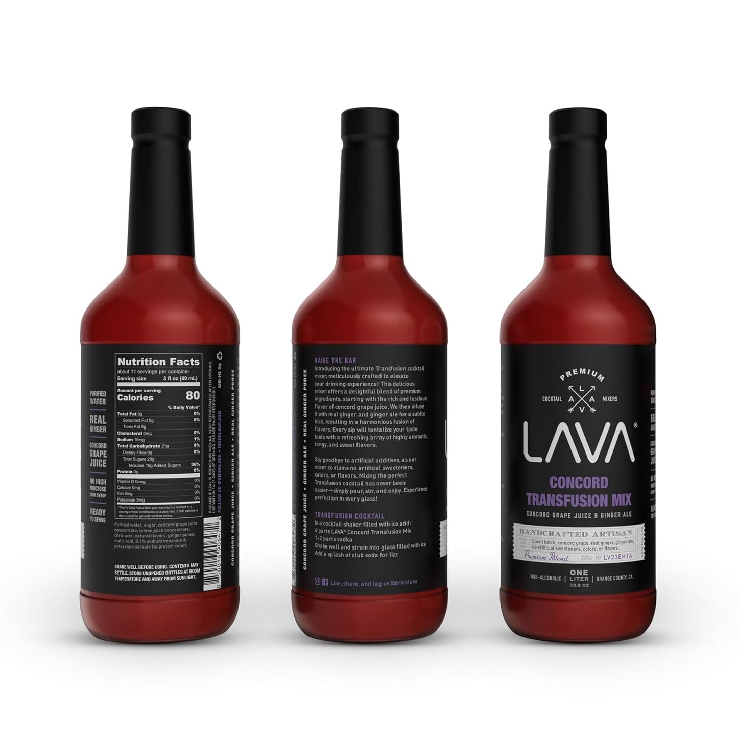 LAVA Premium Concord Transfusion Mix made with concord grape juice, real ginger, ginger ale, no artificial sweeteners, 1-Liter (33.8oz) Glass Bottle, Ready to Use