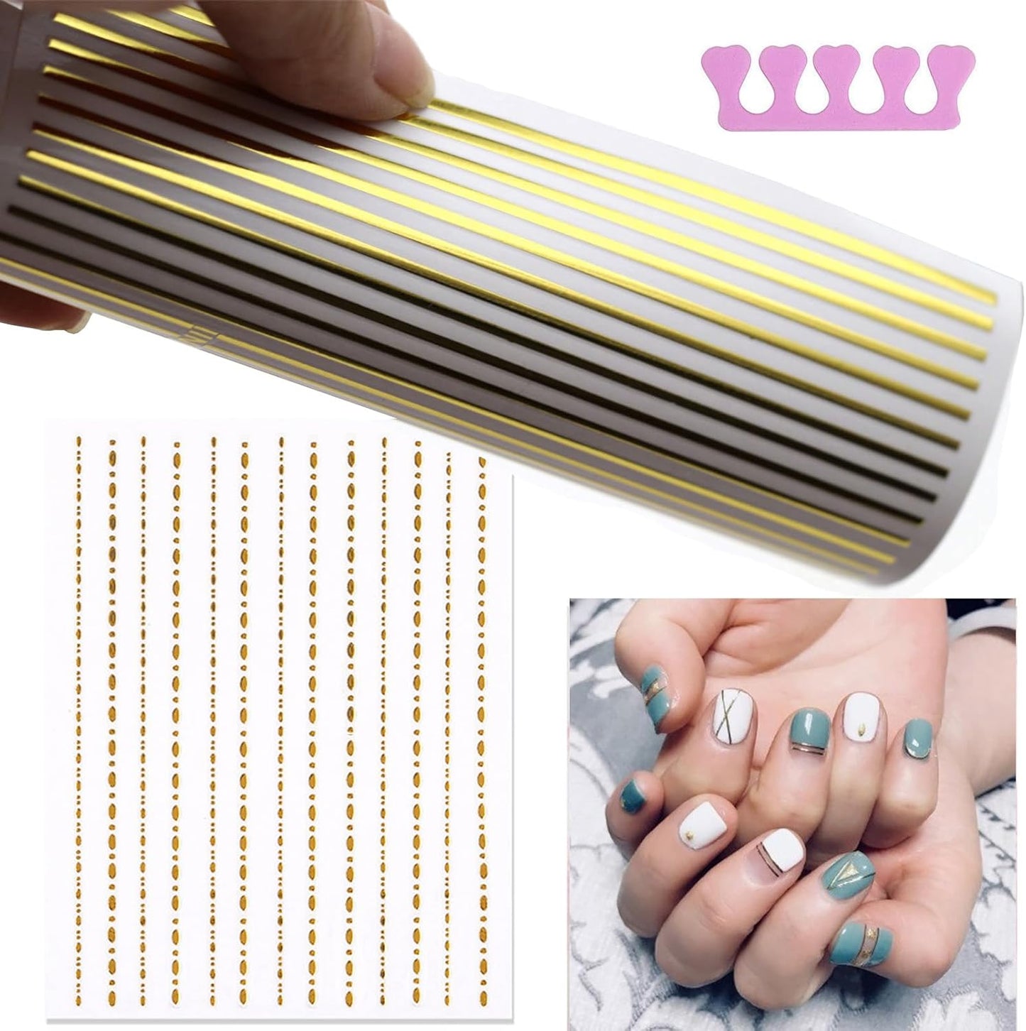22 Sheets 3D Nail Adhesive Stickers for Women Gold Metallic Chain Line Nail Stickers Diamond Design Luxury Nail Art Decoration with with Tweezers Nail File Separators